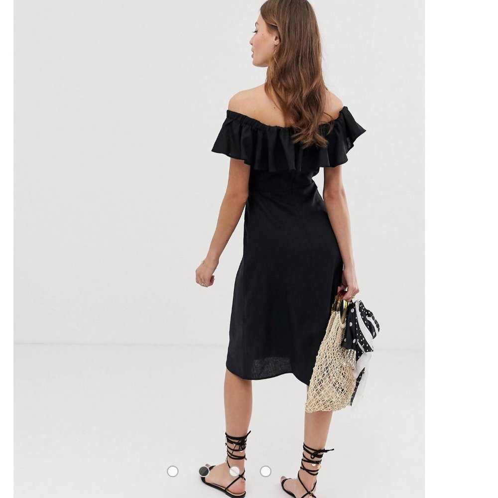 ASOS Size 2 Black On Off Shoulder Lace Up Detail Linen Blend Dress - Picture 4 of 9